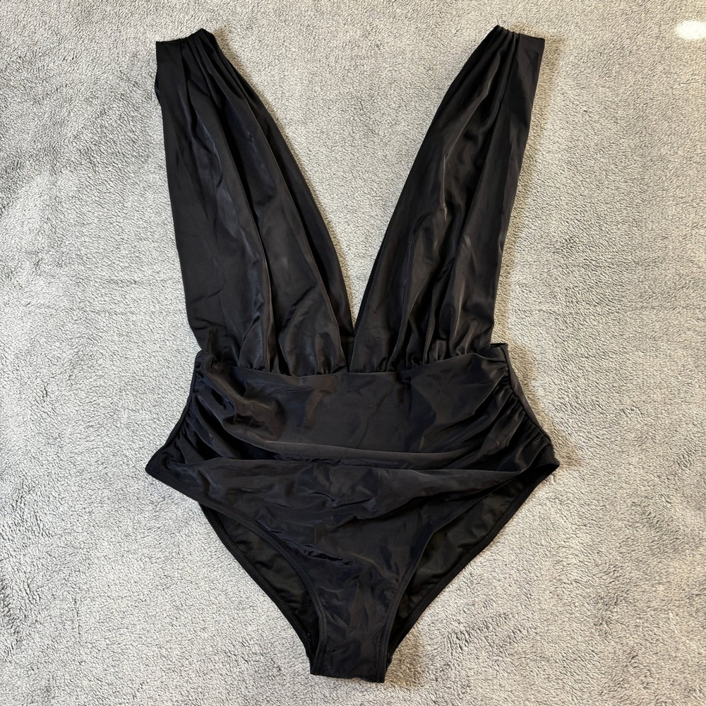 Black Multi-way Wrap One Piece Swimsuit Ruched‎ Deep V-Neck Large